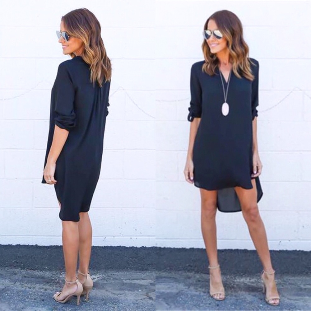 💥 CLEARANCE Chic Rolled Sleeve High Low Chiffon Shirt Dress - Picture 2 of 7